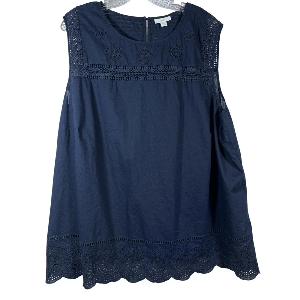 J Jill Sz 4X Tank Navy Blue Eyelet Embroidered Pintuck Top Blouse Boho Cotton